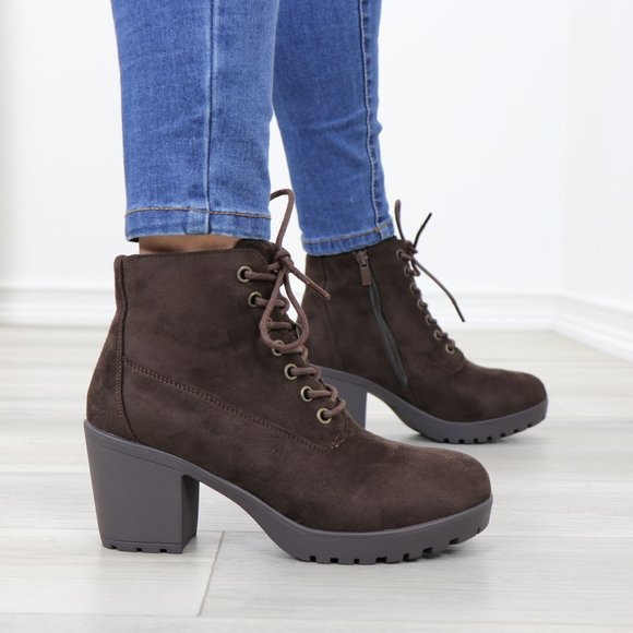 Shoes - Brown Faux Suede Lace-Up Lug Chunky Block High Heel Ankle Boots